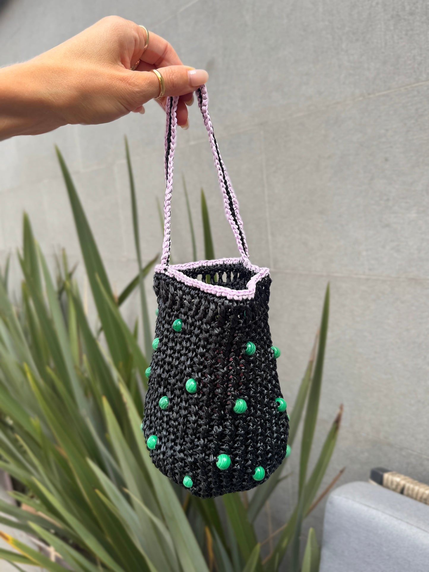 Mini Black Bucket Bag with Beads
